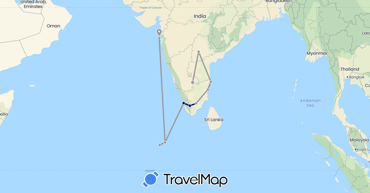 TravelMap itinerary: driving, plane in India, Maldives (Asia)